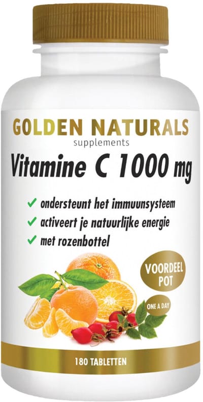 Golden Naturals Vitamine C 1000mg Rozenbottel Vegan - 2 x 180 tabletten - Voordeelverpakking