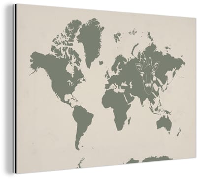 Aluminium schilderij 120x80 cm - Wanddecoratie metaal - Wereldkaart - Dieren - Giraf - Metalen muurdecoratie woonkamer - Decoratie industrieel - Foto op dibond - Industriële accessoires slaapkamer