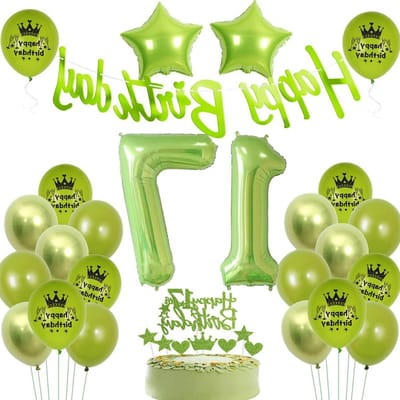 Feestelijke groene ballonnen en cake topper voor 17e verjaardag, perfect voor jongens en meisjes, decoratie voor verjaardagsfeest
