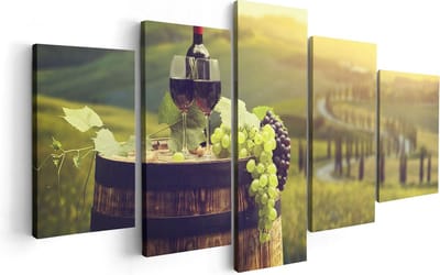 Artaza Canvas Schilderij Vijfluik Wijn met Druiven op een Vat in Toscane - 100x50 - Foto Op Canvas - Canvas Print