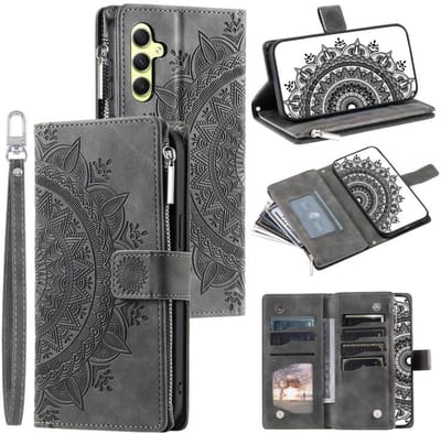Telefoonhoesje geschikt voor Samsung Galaxy S26 5G - Portemonnee met rits - book-case hoesje - ruimte voor 8 pasjes - mandala grijs