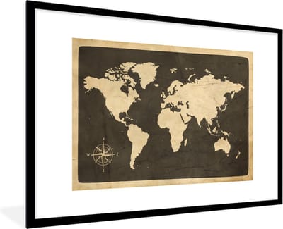 Fotolijst incl. Poster - Wereldkaart - Kompasroos - Vintage - 120x80 cm - Posterlijst