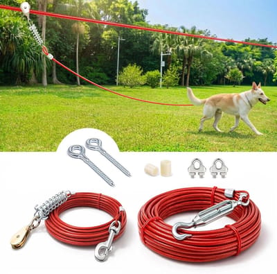 Hondenlijn Trolley Systeem - Honden Zipline - Veilig Buiten Spelen - Schokabsorberende Veer - 75 voet - Rood