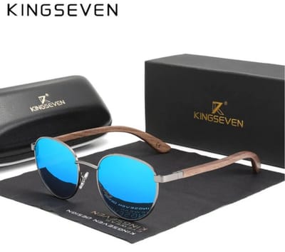 KINGSEVEN Heren Zonnebril - Blauw Spiegelglas met Houtlook Pootjes - N5519
