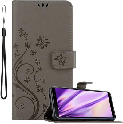 Cadorabo Hoesje geschikt voor Samsung Galaxy A7 2018 in BLOEMEN GRIJS - Beschermhoes in bloemmotief met magnetische sluiting, standfunctie en kaartsleuven Book Case Cover Etui