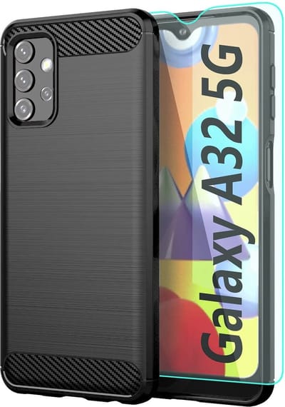 Hoesje Geschikt Voor Samsung Galaxy A32 hoesje Geborsteld Zwart - Galaxy A32 5G siliconen Carbon Fiber Optics - Brushed Silicone Colour TPU Cover - Galaxy A32 Screenprotector 2 pack