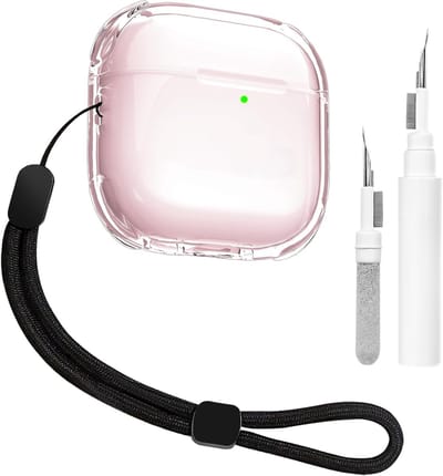 Transparante Beschermhoes voor Airpods 4 met Reinigingskit, Zachte TPU, Handriem, Draadloos Opladen en Schokbestendig (Roze)