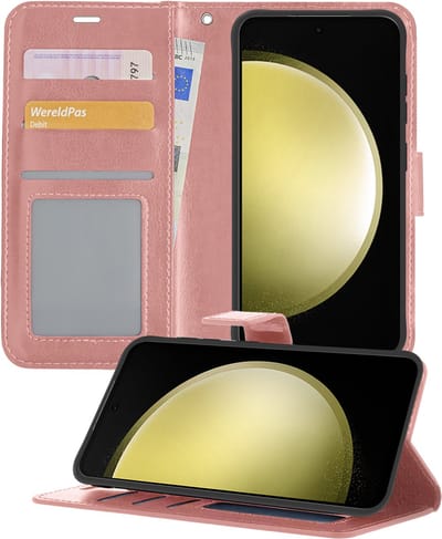 Hoesje - Met Pasjeshouder - Geschikt voor Samsung Galaxy S23 FE - Luxe Bookcase Portemonee - Flip Case - Kunstleer Book Case - Flipcase - Book Cover - Walletcase - Portemonneehoes - Telefoonhoesjes - Rosé goud