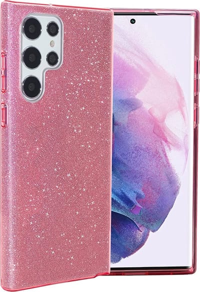 Casemania Hoesje Geschikt voor Samsung Galaxy S22 Ultra - Roze - Glitter Back Cover