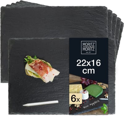 Moritz & Moritz 6x Leisteen Serveerschaal 16x22 cm met Krijtstift - Leisteenplaten voor het buffet, sushi en kaas - Perfect om gerechten op te schikken en als decoratie