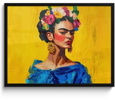 Poster in lijst - Fotolijst 80x60 cm - Posters - Frida Kahlo - Vrouw - Geel - Blauw - Bloemen - Posterlijst zwart - Decoratie - Wanddecoratie woonkamer - Muurdecoratie slaapkamer