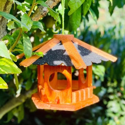 Dailygoods - Zeshoekige houten vogelvoederplaats om op te hangen, bruin met dakkleuren