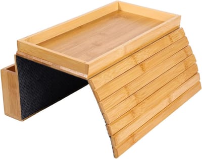 Bank Armleuning Dienblad - Sidetable Organizer - Drankjes & Snacks - Antislip Viltbasis - 46.3x33.4 cm - Houtkleur