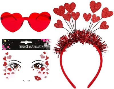 Rode hartbrillen, gezichtsstickers en hartvormige hoofdband voor een liefdevol kostuum, perfect voor carnaval en feestjes