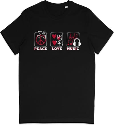 T Shirt - Vrede Liefde Muziek - Positief - Zwart - XS