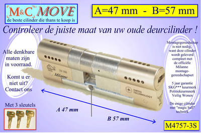 M&C MOVE - High-tech Security deurcilinder - SKG*** - 47x57 mm - Politiekeurmerk Veilig Wonen - inclusief gereedschap MilaNNE montageset