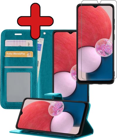 Hoesje - Met Screenprotector - Geschikt voor Samsung Galaxy A13 5G - Luxe Pasjeshouder - Flipcase - Bookcase Portemonee - Flip Case - Kunstleer Book Case - Book Cover - Walletcase - Portemonneehoes - Telefoonhoes - Turquoise