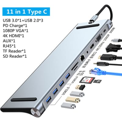11/12-in-1 Type C Dock USB C Hub 3.0 Splitter Multiport Adapter 4K RJ45 SD/TF VGA HDMI-compatibel Laptop MacBook iPad Xiaomi