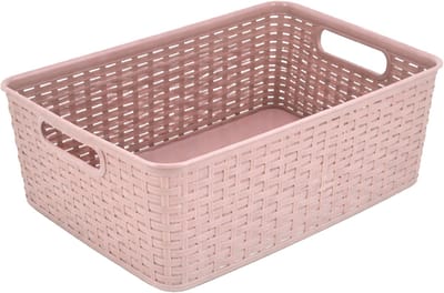 Opbergmand 12L Kunststof Roze – Stapelbaar Mandjes Riet – Opbergbox / Opbergdoos 36x28x13,5 cm – Keukenkast en Kledingkast Organizer – Opbergmand Kinderkamer en Badkamer