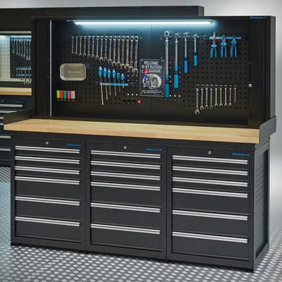 Datona® Werkbank PRO 200 cm - eiken - 18 lades en afsluitbare gatenbordkast - Zwart