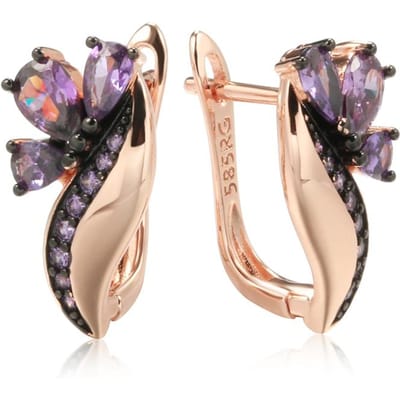 Boucles d'oreilles anglaises de luxe brillantes violettes en zircon naturel pour femmes, plaqué or rose et or noir, bijoux de mariage vintage beige