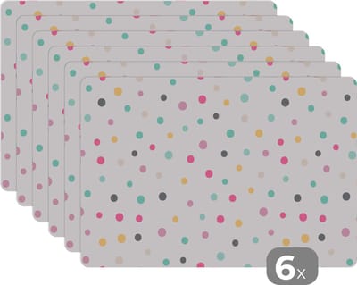 Placemat - Placemats kunststof - Confetti - Pastel - Patronen - 45x30 cm - 6 stuks - Hittebestendig - Anti-Slip - Onderlegger - Afneembaar
