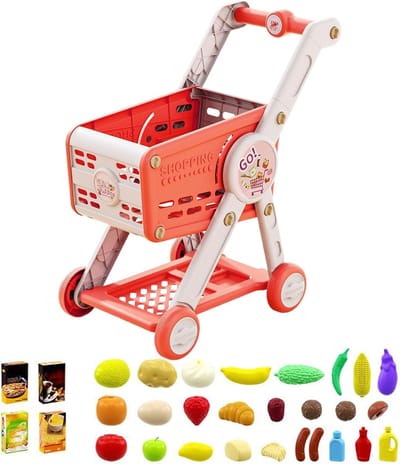 Speelgoed Winkelwagen - Kinderkeuken Accessoire - Rollenspel Supermarkt - Inclusief Voedselset - 33x15x27 cm - rood