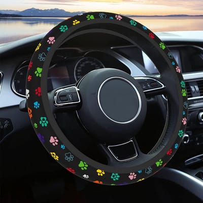 Stuurwielhoes - Autoaccessoires - Geschikt voor de meeste automodellen - Unisex - 38 cm - Hondenpootafdrukpatroon -Zwart