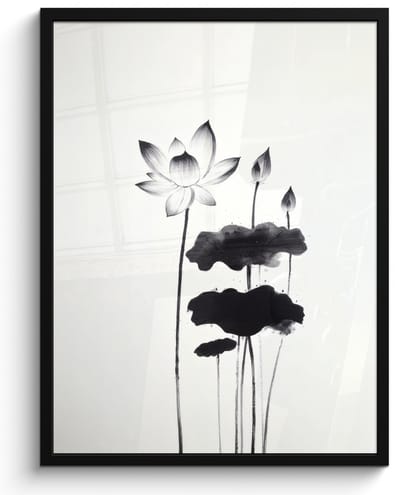 Poster in lijst - Fotolijst 50x70 cm - Posters - Bladeren - Zwart - Lotusbloem - Minimalitisch - Posterlijst zwart - Decoratie - Wanddecoratie woonkamer - Muurdecoratie slaapkamer