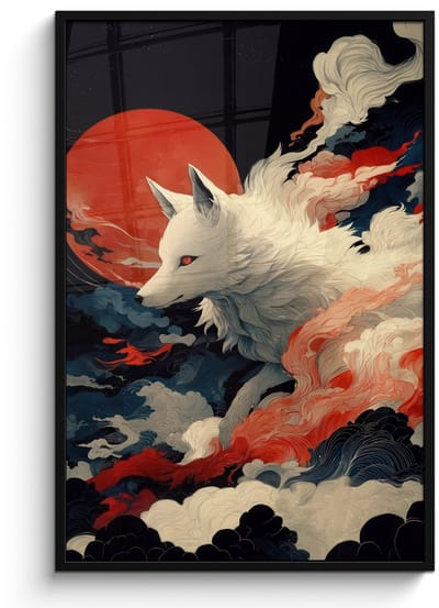 Poster in lijst - Fotolijst 80x120 cm - Posters - Witte vos - wolken - maan - Posterlijst zwart - Decoratie - Wanddecoratie woonkamer - Muurdecoratie slaapkamer