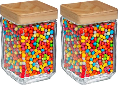 5Five voedsel/spullen voorraadpot - 2x stuks - Glas met houten deksel - 1250 ml - Met luchtdichte sluiting