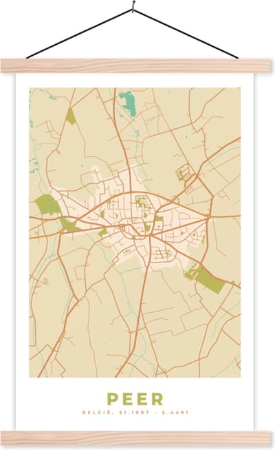 Posterhanger incl. Poster 40x60 cm - Schoolplaat - België - Kaart - Plattegrond - Stadskaart - Peer - Textielposter - Blanke latten - Stadskaart
