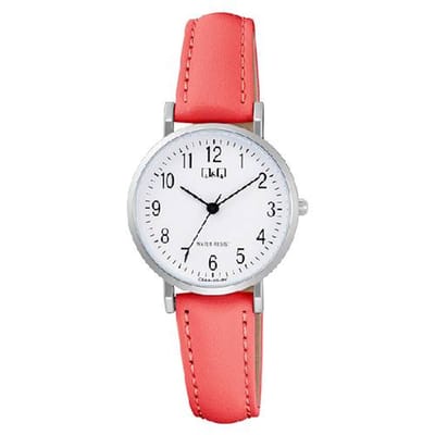Q&Q-dameshorloge-model c66a-004-rood lederen band-3 atm waterdicht-duidelijke wijzerplaat-diameter 28 mm