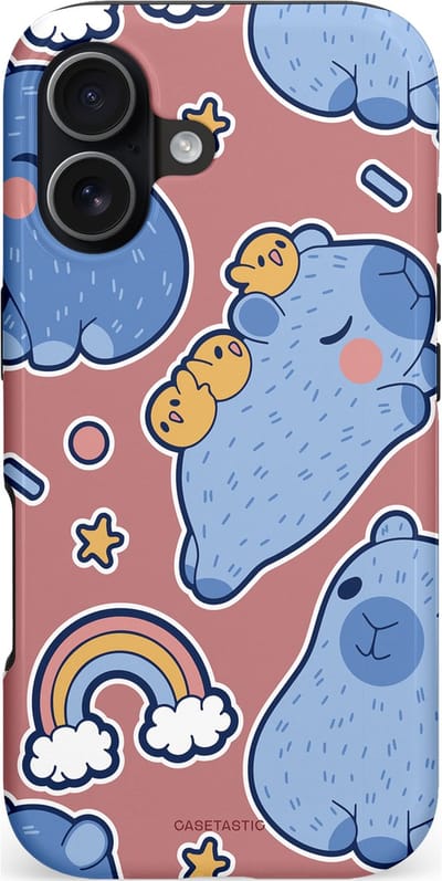 Casetastic hoesje geschikt voor Apple iPhone 17 - MagSafe - Dubbellaagse bescherming - Capibara knuffelvriend - Fashion Case - Lichtblauw Taupe Lavendel Grijs