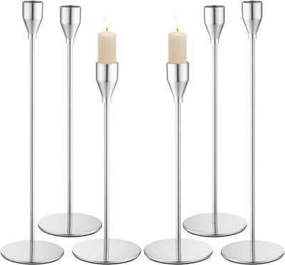 6 Delige metalen kandelaars, 33/28/23cm drie hoogte kandelaars, retro elegante decoratieve kandelaars zijn geschikt voor bruiloften, kaarslichtdiners, feesten, verjaardagen en thuisdecoratie(Zilver)