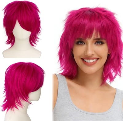 Korte Anime Peruk in Warm Roze voor Cosplay, Halloween Kostuum en Carnaval voor Mannen en Vrouwen