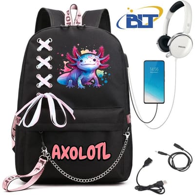 Schattige Axolotl bedrukte studentenschooltas voor meisjes zwarte rugzak usb kindertas casual tas terug naar school cadeau