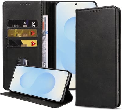 Smartphonica Telefoonhoesje Geschikt voor Samsung Galaxy S25 Kunstleer met Magnetische sluiting en Pasjeshouders Bookcase met Klepje - Zwart geschikt voor Samsung Galaxy S25