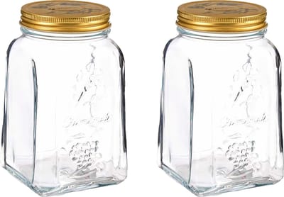 Pasabahce Voorraadpot/bewaarpot Square - 2x - glas - 1L - transparant/goud - D10 x H17 cm - voedsel bewaren