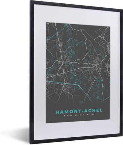 Fotolijst incl. Poster - Stadskaart – Grijs - Kaart – Hamont Achel – België – Plattegrond - 30x40 cm - Posterlijst