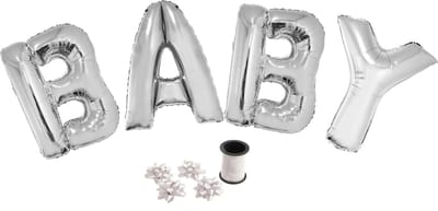 Folie ballonset zilver met letters BABY 102 cm + geschenklint 10m met 4 witte strikken