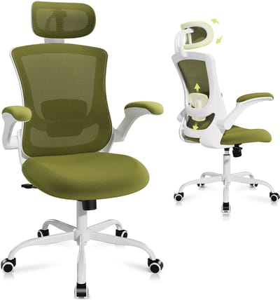 COLAMY Bureaustoelen – Ergonomische bureaustoel – Hoge mesh rugleuning, verstelbare lendensteun en hoofdsteun, opklapbare armleuningen – Groen