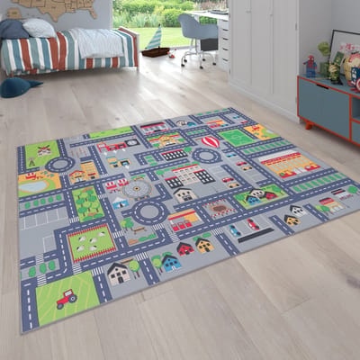 Flycarpets Binola Kindervloerkleed Grijs / Kleurrijk - 160x220 cm - Auto Speelkleed / Speelmat Stad - Laagpolig Vloerkleed Kinderkamer
