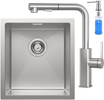 CECIPA max Spoelbak Keuken 40x44CM - Gootsteen RVS - Spoelbakken Keuken Met Keukenkraan - Wasbak Keuken Met Zeepdispenser 300ML - Enkele Spoelbak - Spoelbakken met afdruip - RVS