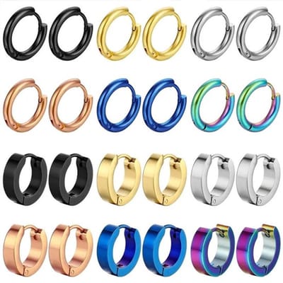 12 paar Oorbellen set voor heren – zwarte, goudkleurige, zilverkleurige, blauwe, rosékleurige en regenboogkleurige oorringen – moderne metalen oorringen in diverse stijlen
