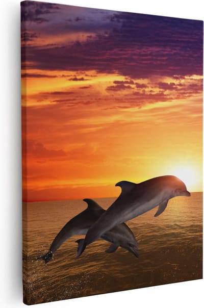 Artaza Canvas Schilderij Dolfijnen Zee En Strand - 40x50 cm - Wanddecoratie Dieren - Muurdecoratie Zonsondergang - Kamer Accessoires