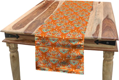 ABAKUHAUS Traditionele Tafelloper, oranje folkloristische damast, eetkamerkeuken rechthoekige decoratieve tafelloper, 40 x 225 cm, gebrande oranje en zeeschuim