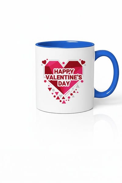 Happy Valentine's Day Mok - Geometrisch Hart Design & Blauw Handvat - Cadeau Valentijnsdag