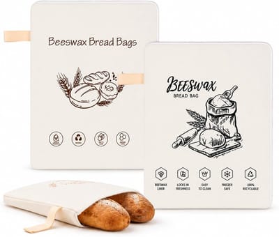 Bijenwas Broodzakken 2 Stuks - Herbruikbare Katoenen Bijenwas Broodzakken - 41,5 x 31,5 cm - Herbruikbaar Katoen - L-vormige Rits - Voor Zelfgebakken Brood