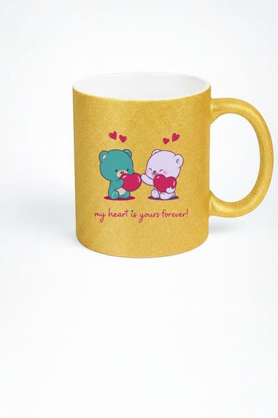 Gouden Glitter Mok Liefdesberen Harten - 'My Heart is Yours Forever!' | Valentijn Cadeau